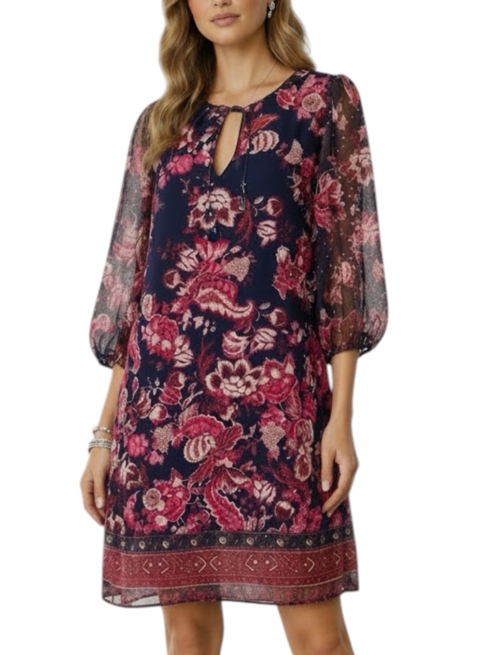 NWT VINCE CAMUTO Printed Balloon Sleeve Keyhole Neck Chiffon Mini Dress Size 10
